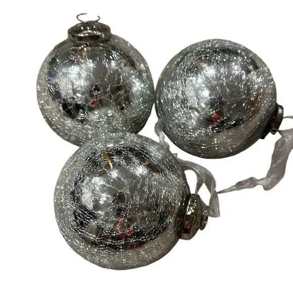3 Vintage KugelOrnaments Silver Glass Crackle Mercury Glass Christmas ornament